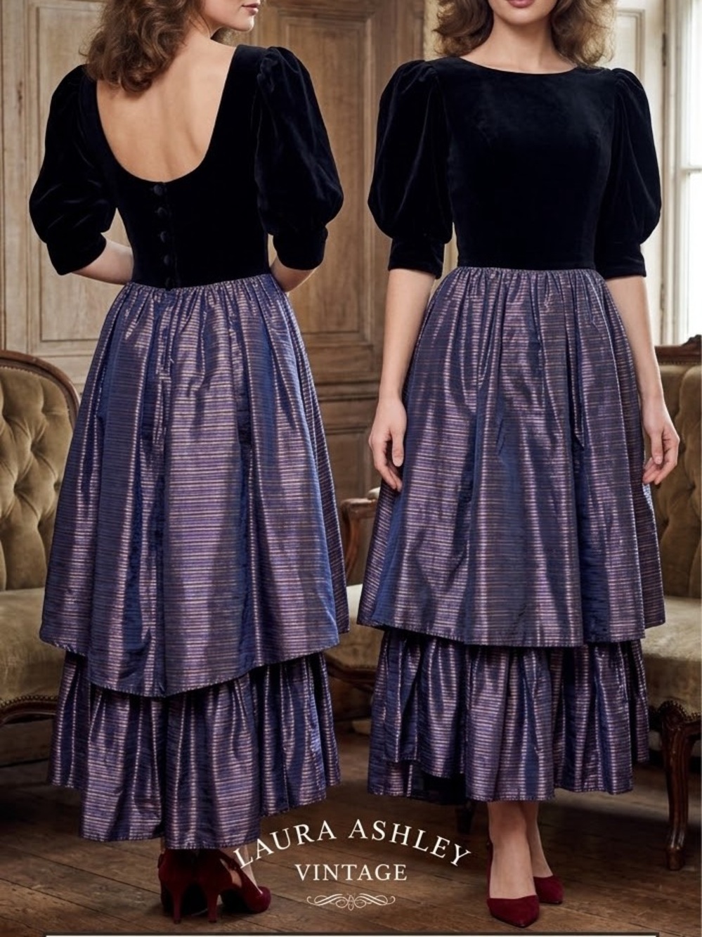 Laura Ashley 1990s Black Velvet Bust Puff Sleeve Striped Taffeta Dress
10 GOTH